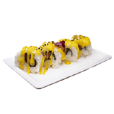Uramaki de salmón, mango, sésamo y salsa de mango