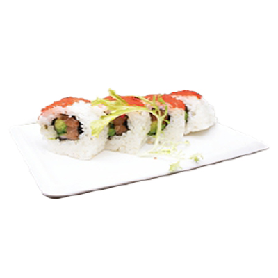 Uramaki de salmón, aguacate y masago