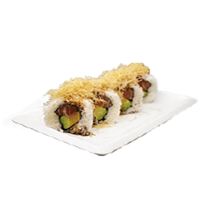 Uramaki de salmón, aguacate, kataifi y teriyaki