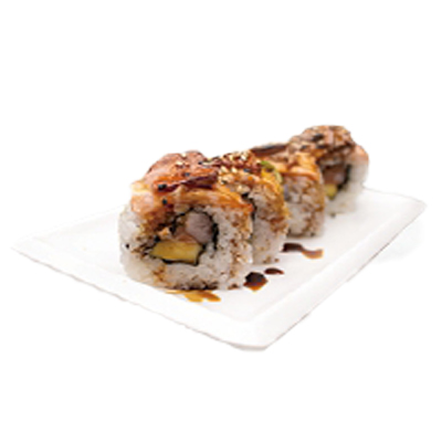 Uramaki de salmón, mango, salmón flameado con foie, teriyaki y sesamo