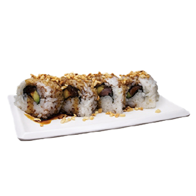 Uramaki de atún, aguacate, cacahuete y teriyaki
