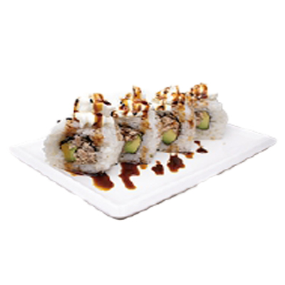Uramaki de salmón cocinado, aguacate, queso, teriyaki y sésamo