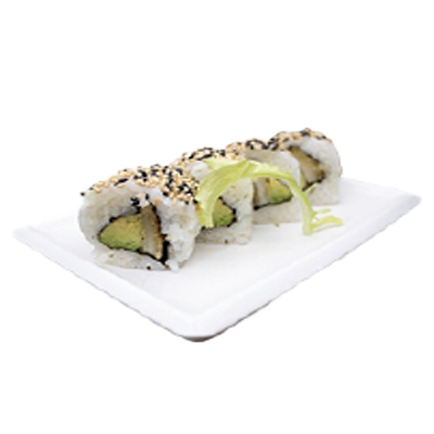 Uramaki de pollo frito, aguacate y sésamo