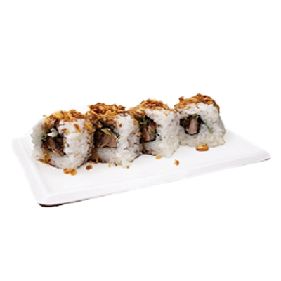 Uramaki de pato, lechuga, cebolla crujiente, teriyaki