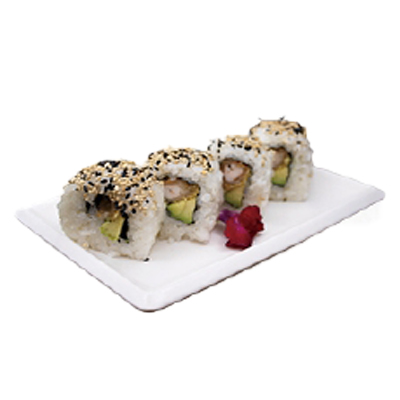 Uramaki de langostino frito, aguacate y sésamo