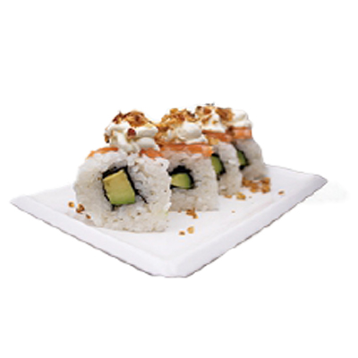 Uramaki de aguacate, queso, cebolla crujiente y salmón