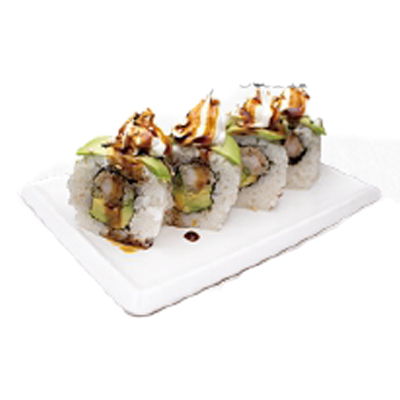 Uramaki de langostino frito, aguacate, queso, teriyaki y sésamo