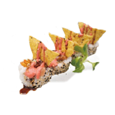 Uramaki de langostino frito, salmón, nachos, mayonesa picante y teriyaki