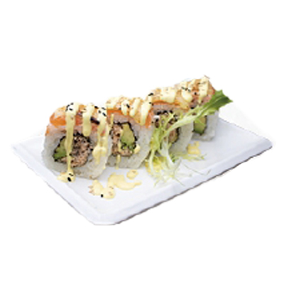 Uramaki de salmón cocinado, aguacate, salmón, queso flameado, mayonesa especial y sésamo