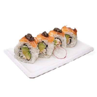 Uramaki de surimi, aguacate, salmón y trufa