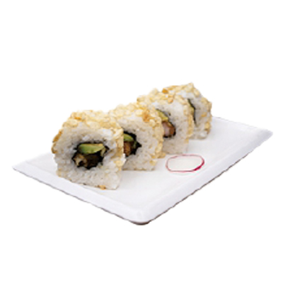Uramaki de langostino frito, aguacate y palomita de arroz