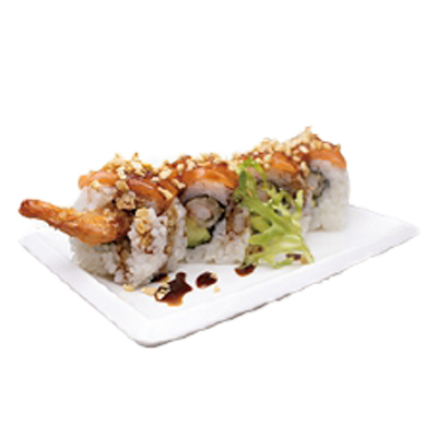 Uramaki de langostino frito, aguacate, salmón, teriyaki y cacahuetes