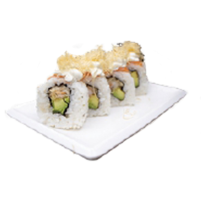 Uramaki de langostino frito, aguacate, salmón, queso y katafi