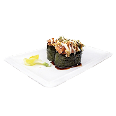 Gunkan salmón, aguacate, mayonesa, teriyaki y sesamo