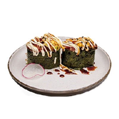 Gunkan atún, aguacate, mayonesa, teriyaki y sésamo