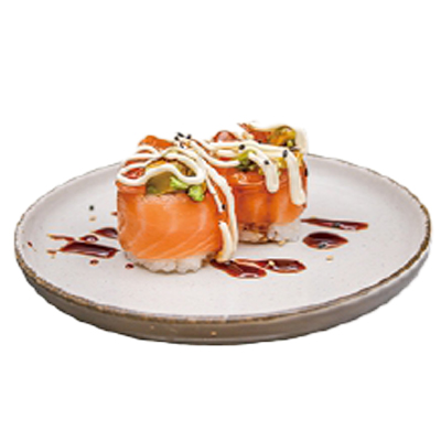 Gunkan doble salmón, aguacate, teriyaki, mayonesa y sésamo
